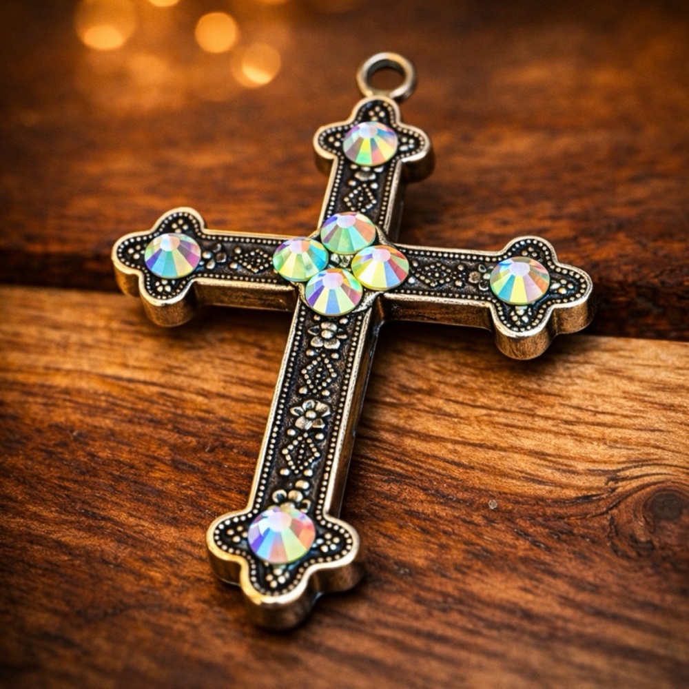 Vintage Style AB Crystal Gothic Cross Pendant Silver Tone